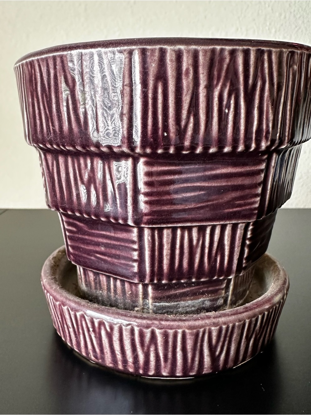 Maroon or Purple McCoy Pottery Planter with Attached Drip Tray Basket Weave 4”